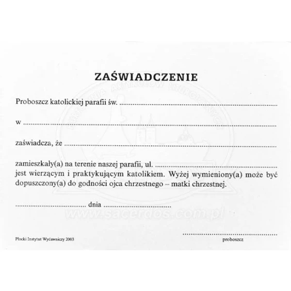Zaświadczenie dla chrzestnych