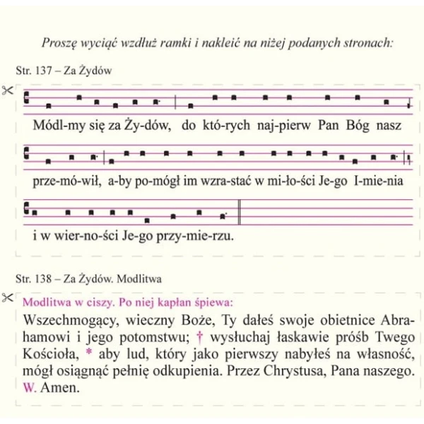 Wklejka z nowym wezwaniem modlitwy wiernych za Żydów na Wielki Piątek.